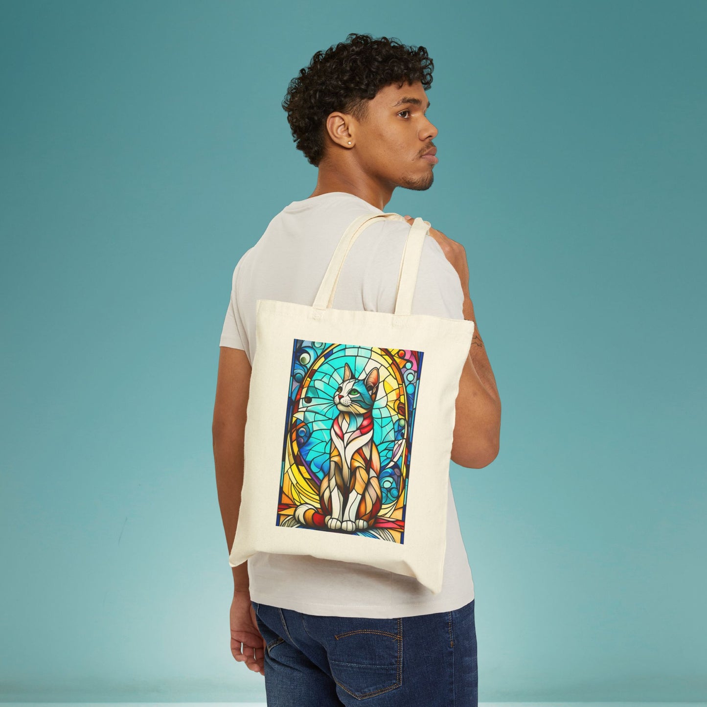 🐈Stained Class Regal Cat Cotton Canvas Tote Bag