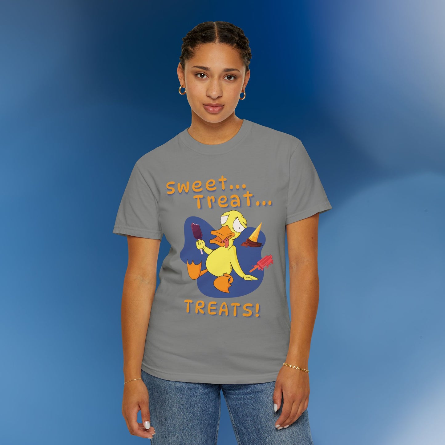 🍦Funny Duck T-Shirt – “Sweet Treat Treats” Ice Cream Cartoon Graphic Tee