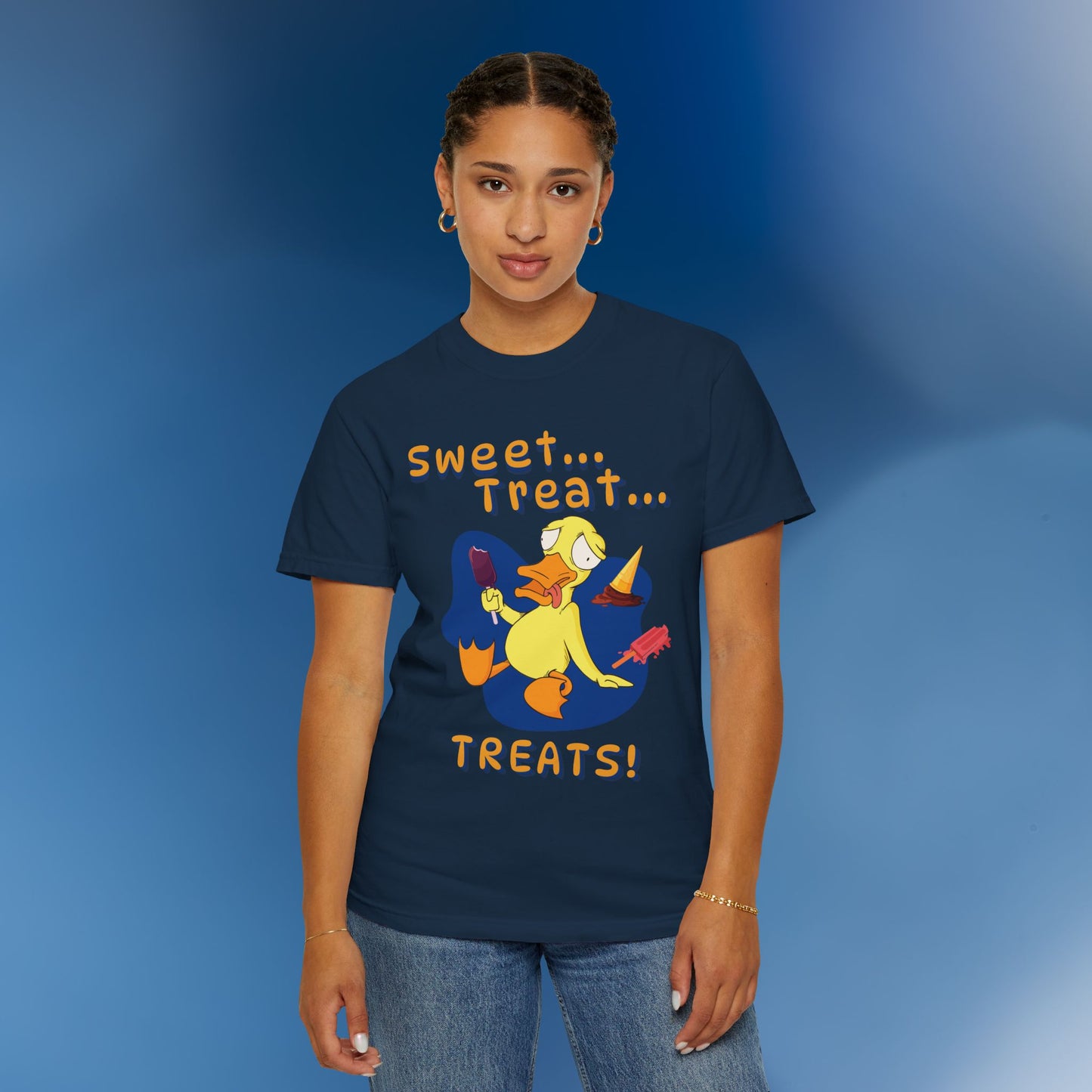 🍦Funny Duck T-Shirt – “Sweet Treat Treats” Ice Cream Cartoon Graphic Tee