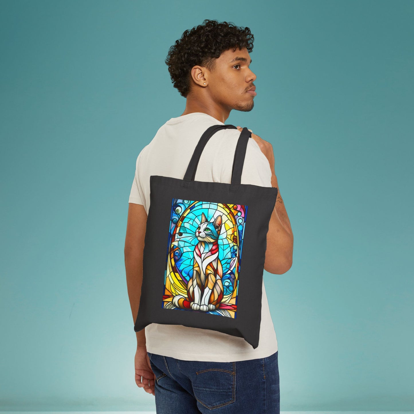 🐈Stained Class Regal Cat Cotton Canvas Tote Bag