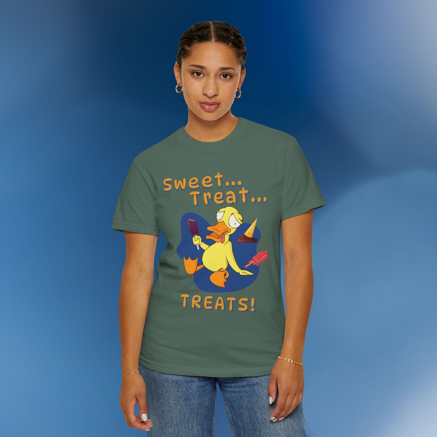 🍦Funny Duck T-Shirt – “Sweet Treat Treats” Ice Cream Cartoon Graphic Tee