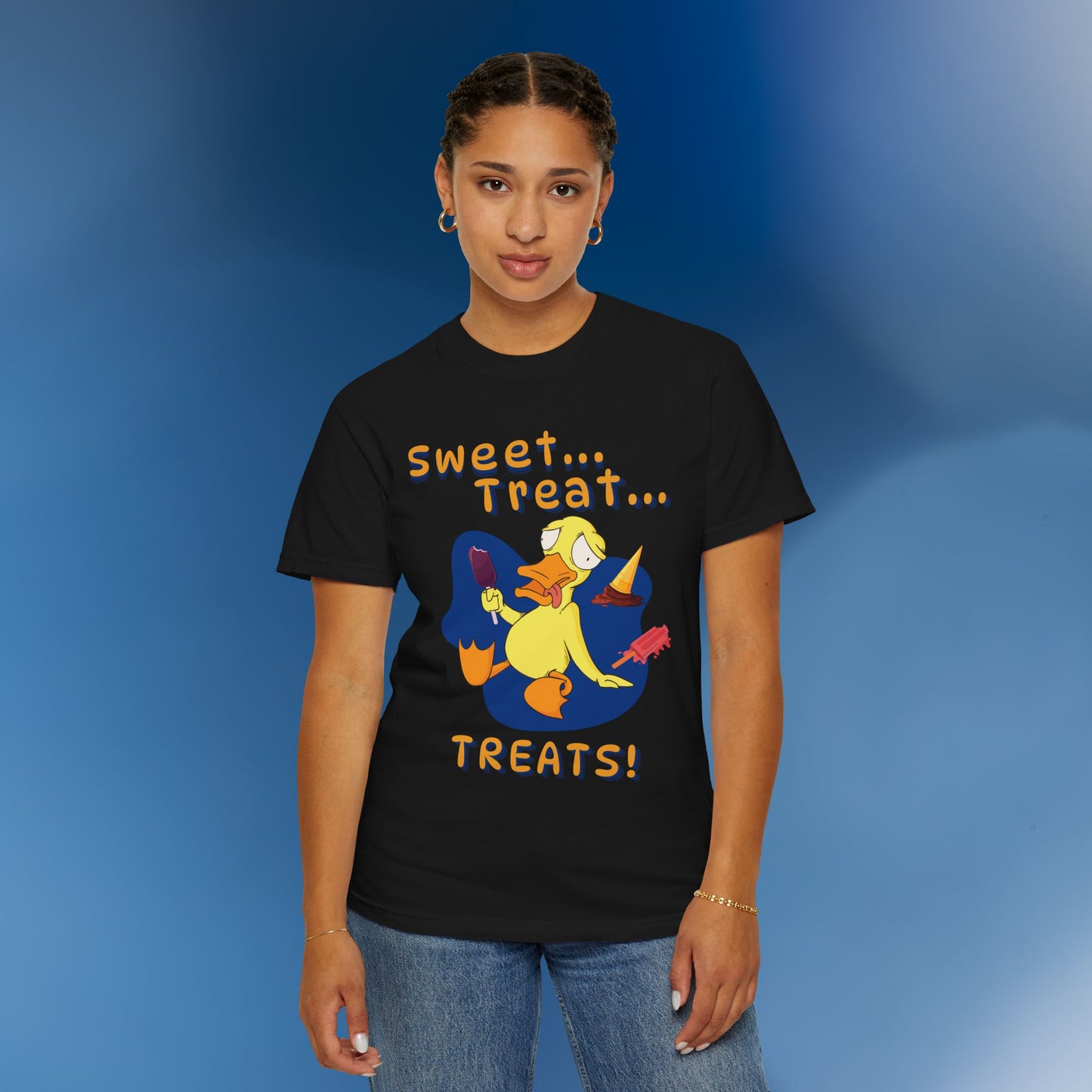 🍦Funny Duck T-Shirt – “Sweet Treat Treats” Ice Cream Cartoon Graphic Tee