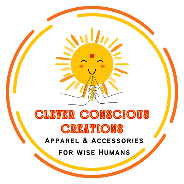 Clever Conscious Creations - A smiling sun that is praying, advertising Apparel & Accessories for wise humans